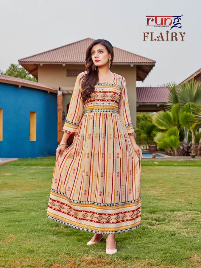 Rung Flairy Ethnic Wear Heavy Rayon Printed Designer Kurti Collection